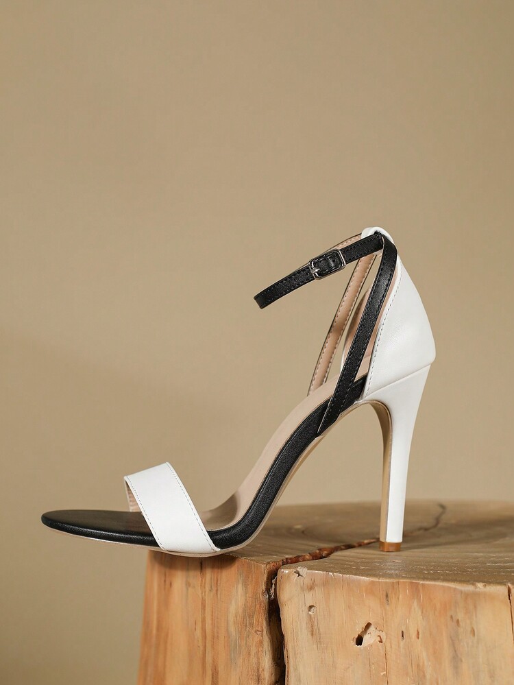 2024女士高跟涼鞋,帶踝帶和對比色設計(黑白) - 黑與白 - 查看 5