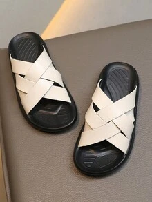 1雙男孩pu編織交叉設計平底拖鞋,夏季時尚穿搭 - 米色 - 查看 5