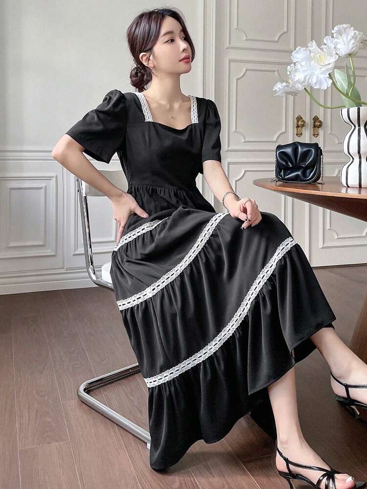 Color Block Short Sleeve Patchwork Dress Sundress Maxi Dress