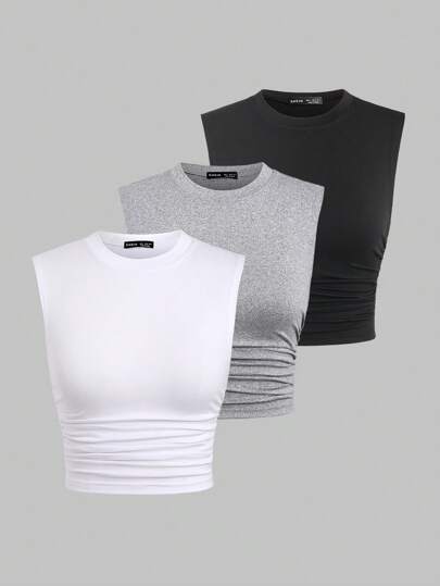 Sweetra Women's Solid Color Simple Round Neck Tank Top Set, Suitable For Spring And Summer Matching