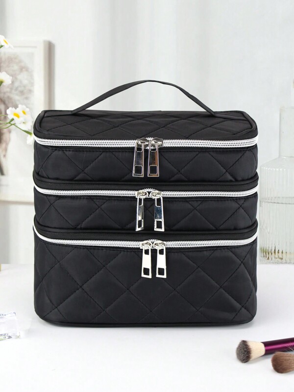 1pc Multifunctional Black Fabric Large Capacity Three-Layer Travel Divided Storage Cosmetic Bag, Fashionable Color & Style, Practical For Traveling And Home Use