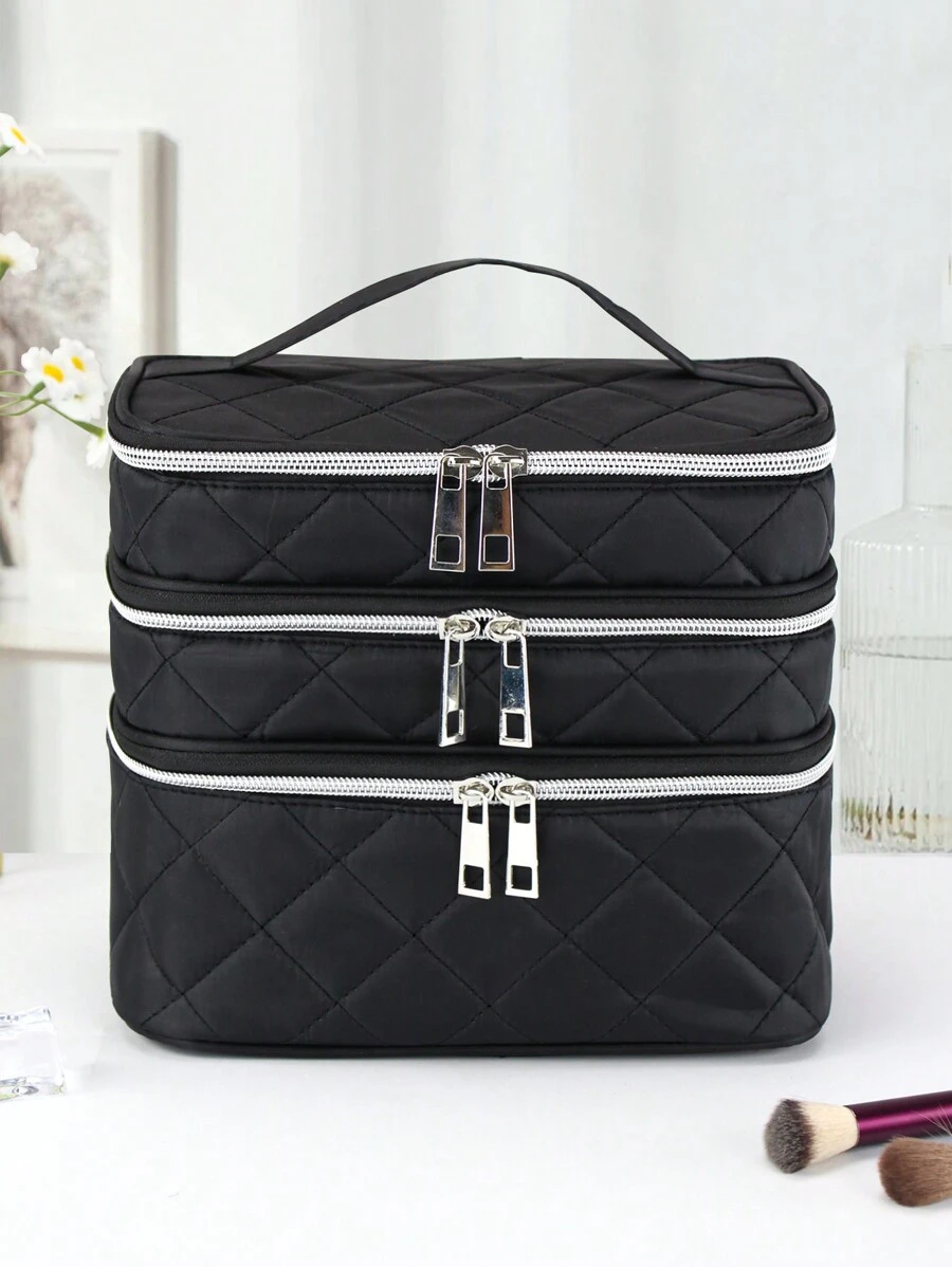 1個多功能黑色布料大容量三層旅行分層收納化妝包,時尚的顏色和風格,適用於旅行和家居使用 - 黑色 - 查看 1