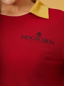 HARRY POTTER X SHEIN Plus Letter Graphic Contrast Collar Tee & Fold Pleated Skirt - Red - View 7