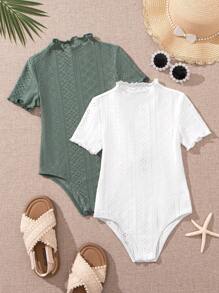 SHEIN 年轻女孩针织纯色生菜边立领紧身衣两件套服装 - 彩色 - 查看 1