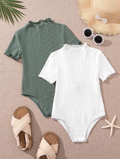 SHEIN 2pcs/Set Young Girl Knitted Solid Color Lettuce Trim Stand Collar Bodysuit Two Pieces Outfit
