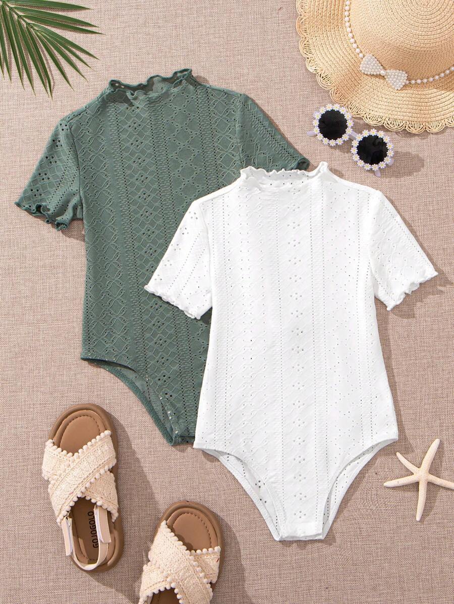 SHEIN 年轻女孩针织纯色生菜边立领紧身衣两件套服装 - 彩色 - 查看 1