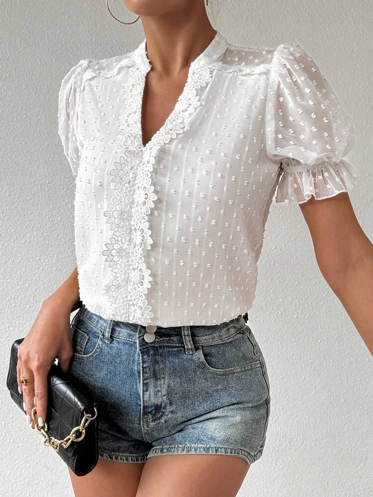 Women's Solid Color Short Sleeve Shirt With V-Neck And Lace Accent