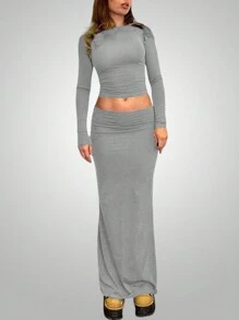 INAWLY 女士純色圓領長袖上衣和連身中長裙套裝 - 灰色 - 查看 3