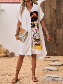 SHEIN LUNE Cartoon Character Printed Button Front Batwing Sleeve Dress - White - View 3