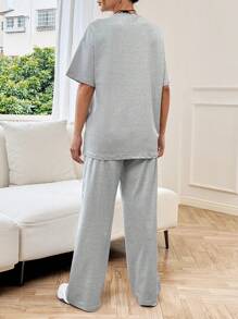 SHEIN EZwear 女士純色圓領落肩袖t恤和褲子休閒舒適套裝 - 淺灰色 - 查看 2