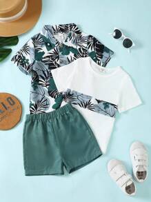 SHEIN Young Boy Tropical Print Shirt & Shorts With Tee