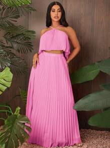 SHEIN SXY Pleated Woven Halter Top And Loose Skirt Set - Pink - View 3