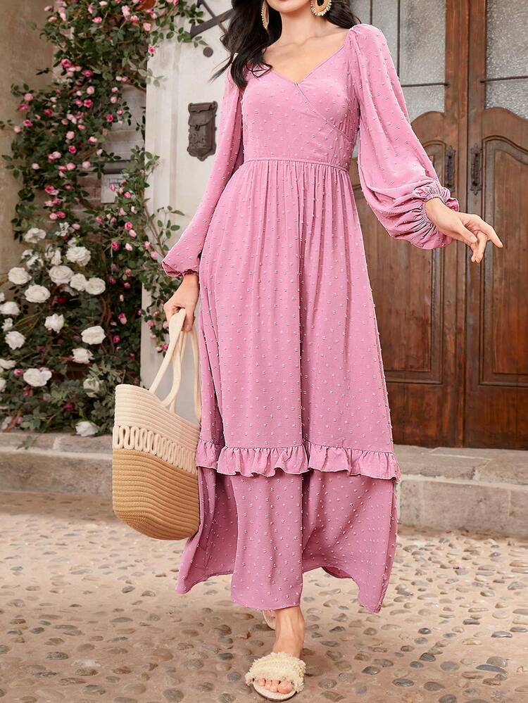 Women'S Lantern Sleeve Ruffle Edge Wrap Dress