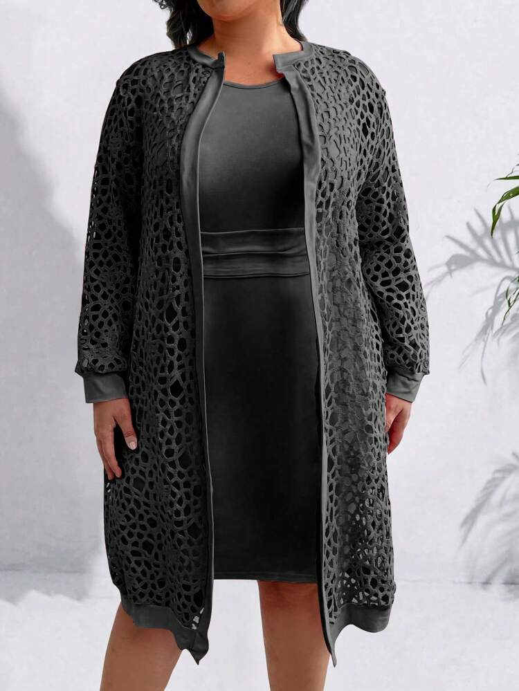 Plus Size Solid Color Hollow Out Jacket And Dress Set
