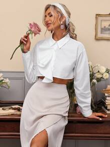 GENKIRA 优雅纯色单面翻领荷叶边装饰女士基本款衬衫 - 白色 - 查看 4