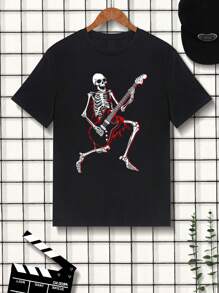 Camiseta con estampado de guitarra y esqueleto para hombres, para Halloween - Negro - Ver 3