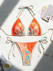 SHEIN Swim Summer Patchwork Printing Halterneck Bikini Set