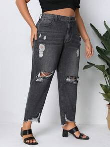 SHEIN Privé 女士大碼破洞牛仔褲附口袋 - 黑與白 - 查看 4