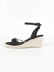 Women's Wedge Platform Sandals With Ankle Strap & Dazzling Rhinestone Accent Espadrilles, Vacation Black Velvety Fabric Knotted Strap And Jute Bottom Women's Wedge Platform Sandals Valentines