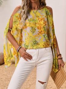 Breezaya In hoa Vai lạnh Áo choàng Tay áo Áo sơ mi - Màu vàng - Xem 4