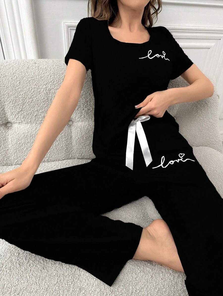 CoupledUp Women's Round Neck Letter Printed Short Sleeve T-Shirt And Drawstring Casual Shorts, Pajama Set - Black - View 1
