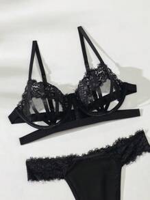 SHEIN Contrast Lace Hollow Out Sexy Lingerie Set For Going Out, Baddie Look - Black - View 4