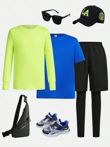 SHEIN 中學男孩健身3件套休閒t恤、2合1長褲和運動套裝 - 彩色 - 查看 1