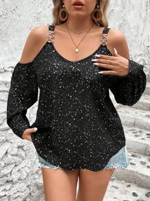 Flirla 加大尺碼露肩彩點印花襯衫 - 黑色 - 查看 4