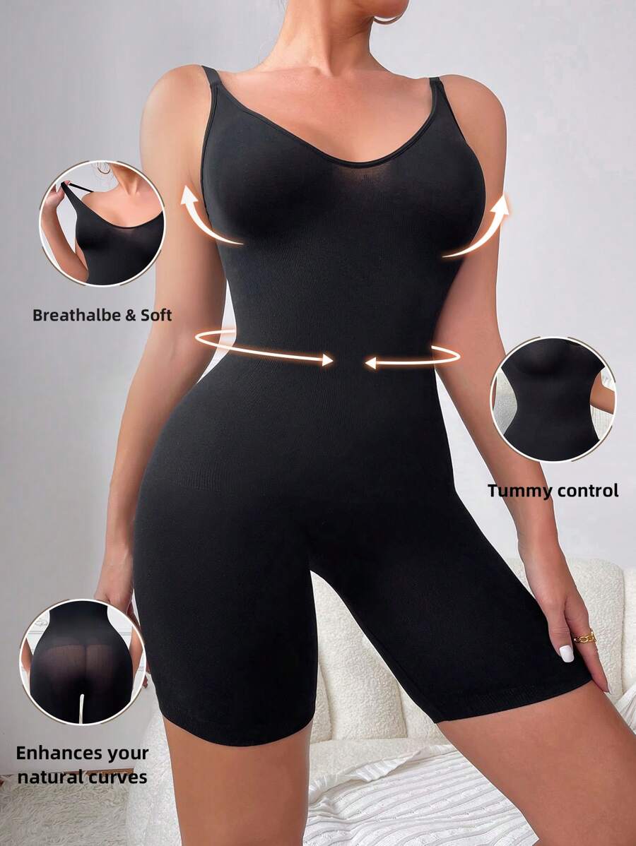 Quần áo định hình áo liền quần màu trơn có dây đeo spaghetti - màu đen - Xem 1