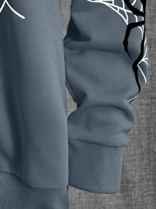 Manfinity BRENVOR Loose Fit Men's Spider Web Printed Zippered Hoodie Without T-Shirt, For Fall, Winter, Long Sleeve Top - Dusty Blue - View 4