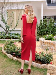 GENKIRA Women Sleeveless Dress With Square Neck, 3D Bowknot, Slim Waist And Slight Hip Package - Red - View 2