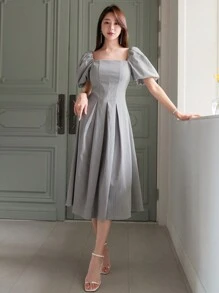 DAZY Square Neckline Puff Sleeve Gathered Waist Bubble Dress Summer - Dusty Blue - View 1