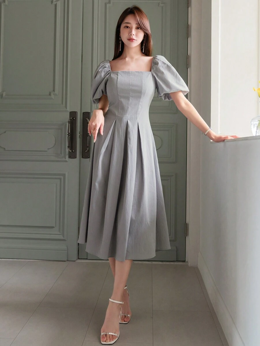 DAZY Square Neckline Puff Sleeve Gathered Waist Bubble Dress Summer - Dusty Blue - View 1
