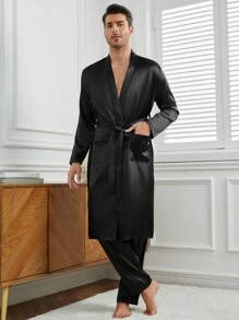 Men's Casual Black V Neck Belted Robe And Pants Loungewear Set Comfortable Nightwear, Fall Winter Clothes
