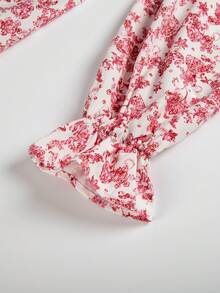 Chemise ample à manches longues, col en V, imprimé floral, avec cordon de serrage - Rouge - Voir 3