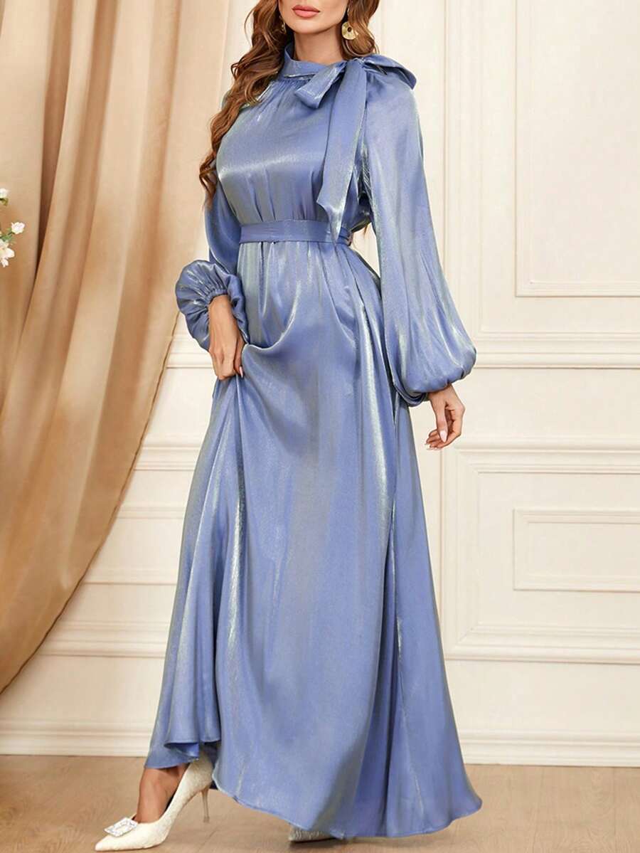 Women's Long Sleeve Tie-Waist Solid Color Dress - Blue - View 1