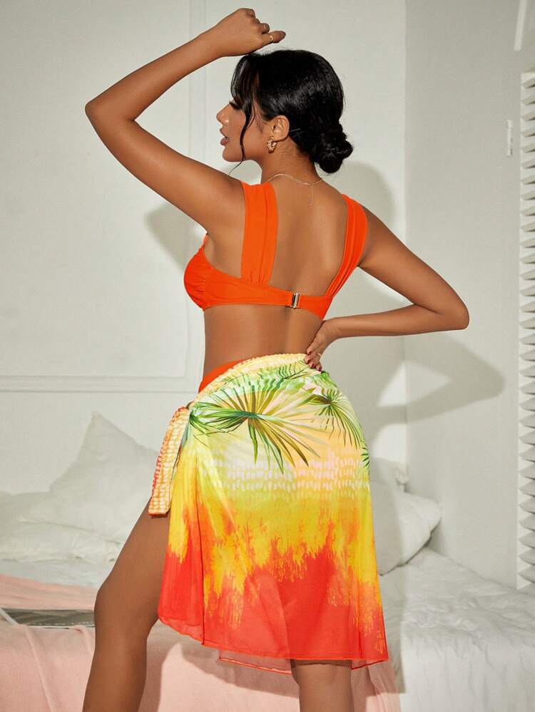 Women's Coconut Tree Print Orange Bikini Set For Beach Vacation Summer