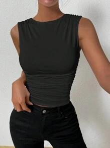 SHEIN ChicEase Ladies' Solid Color Round Neck Pleated Tank Top - Black - View 6