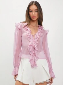 Enchnt Women's Patchwork Ruffle Hem Flare Sleeve Shirt
