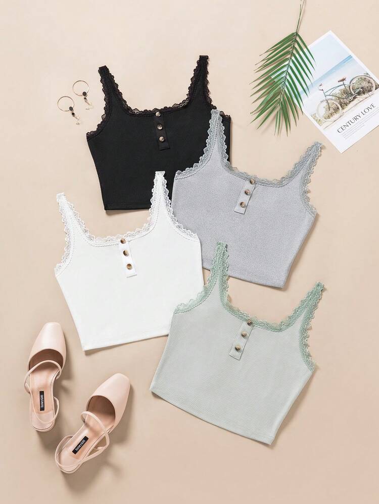Ladies' Lace Trimmed Button-Up Design Simple Tank Top, Suitable For Spring And Summer Matching
