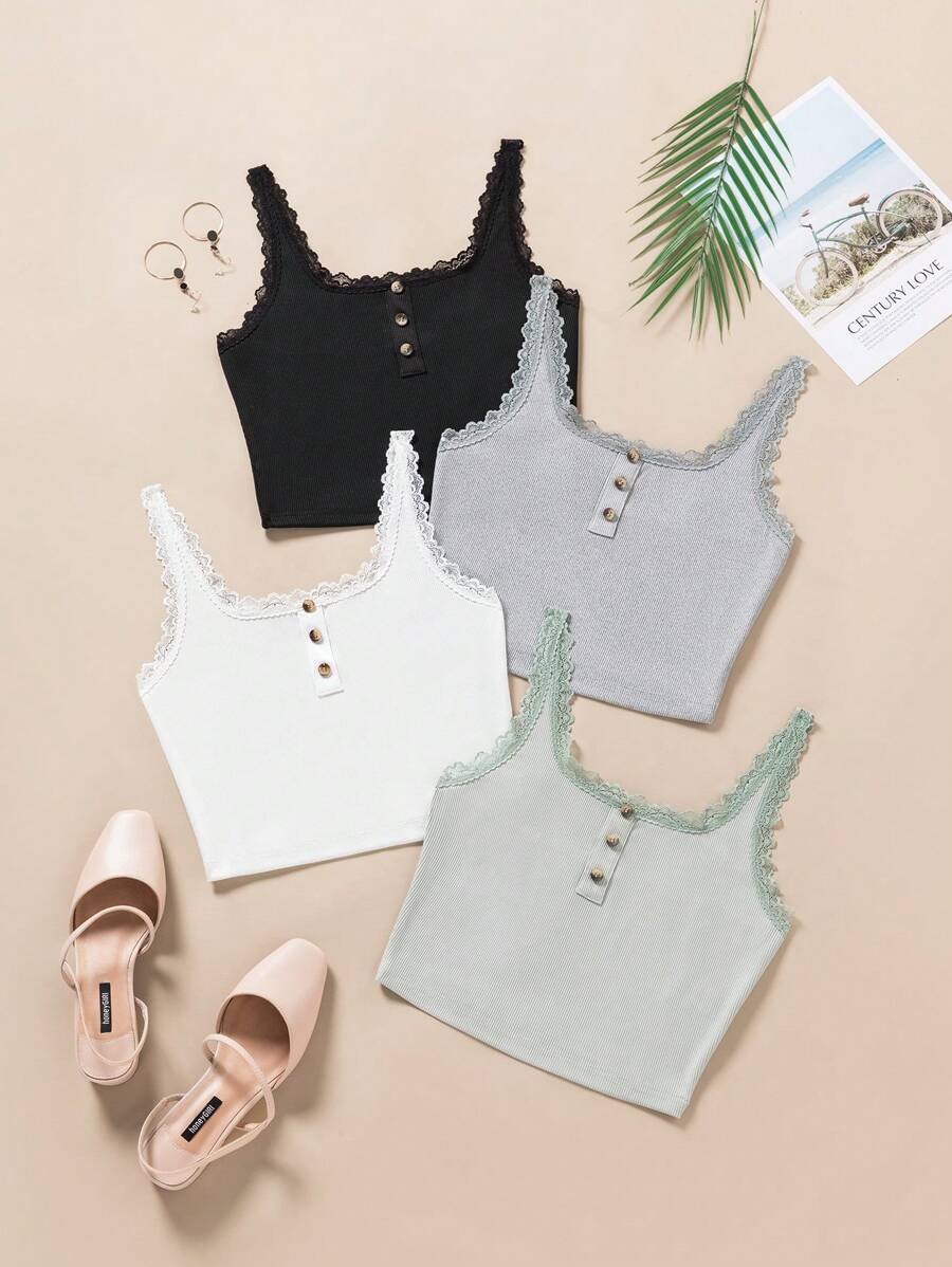 Lunelith SHEIN Lunessa Top canottiera semplice con bottoni e profili in pizzo per signora, adatto per l"abbinamento in primavera ed estate