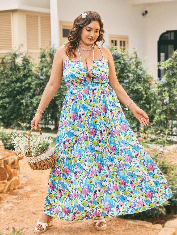 Plus Size Women's Colorful Floral Print Halter Neck Tie Back Sexy Vacation Style Dress