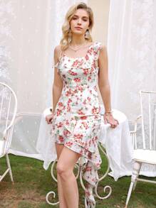 GENKIRA Random Ditsy Floral Ruffle Bow Tie Asymmetrical Neck Ruffled Waist Asymmetrical Hem Camisole Dress For Women - Multicolor - View 5