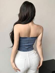 Dazy Designer Women Strapless Blue Denim Top With A Stylish Design - Medium Wash - View 5