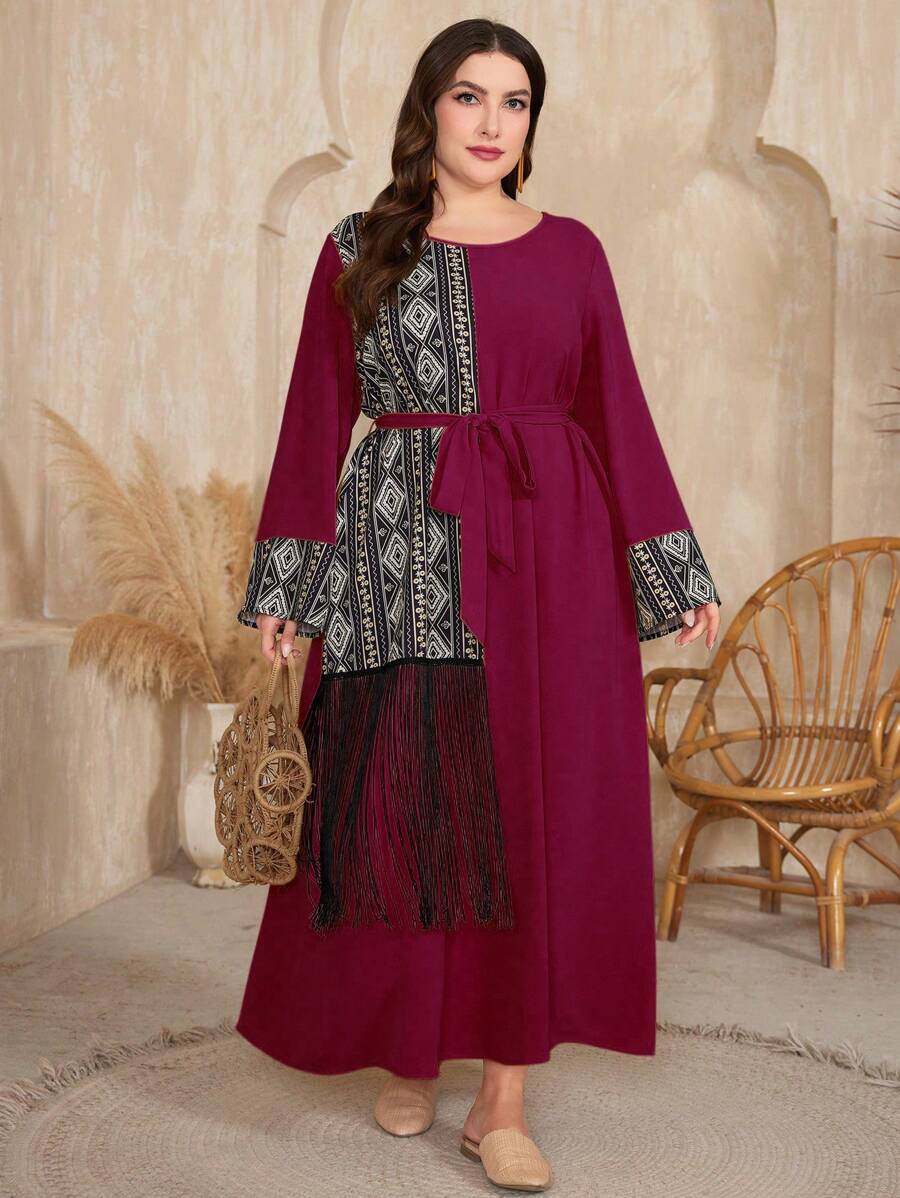 Al Najma Burgundy Red Plus Size Women's Geometric Printed Long Sleeve Dress With Arab-Style Patchwork Kaftan Jalabiya Dress - Burgundy - View 1