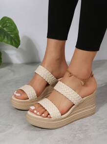 Sandalias Tejidas De Moda Para Mujeres Con Plataforma Gruesa, Tacones De Cuña Y Tacones Altos Para Uso Casual - Beis - Ver 3