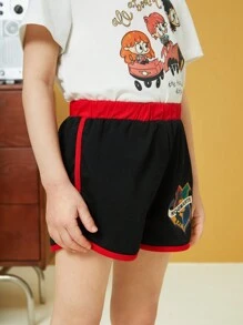 HARRY POTTER X SHEIN Chica Joven Pantalones Cortos De Delfines Impresos Con Cintura Elástica Y Emblema