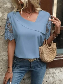 EMERY ROSE Solid Color Lace Patchwork Asymmetric Neck Shirt - Baby Blue - View 5