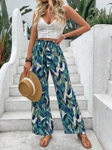 SHEIN LUNE Pantaloni cu picioare drepte, pungă de hârtie imprimată cu frunze