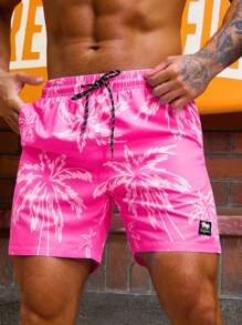 Manfinity VDAYZ Men's Palm Tree Printed Drawstring Waist Beach Shorts,Hawaiian, Men's Palm Tree Swim Shorts, Pink Palm Tree Swim Trunks, Neon Pink Men's Swim Trunks, Hot Pink Men's Swim Shorts - Multicolor - View 3
